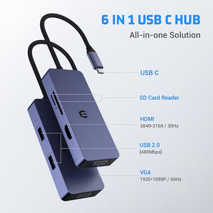 OTAITEK 6 in 1 USB C Hub, USB C Adapter 4K HDMI, VGA, 2XUSB Ports for MacBook Air, iPad Pro, Windows Laptops XPS and More USB-C Devices