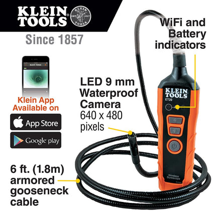 WiFi Borescope Inspection Camera with Rechargeable Lithium-Ion Battery and On-Board LED Lights Klein Tools ET20