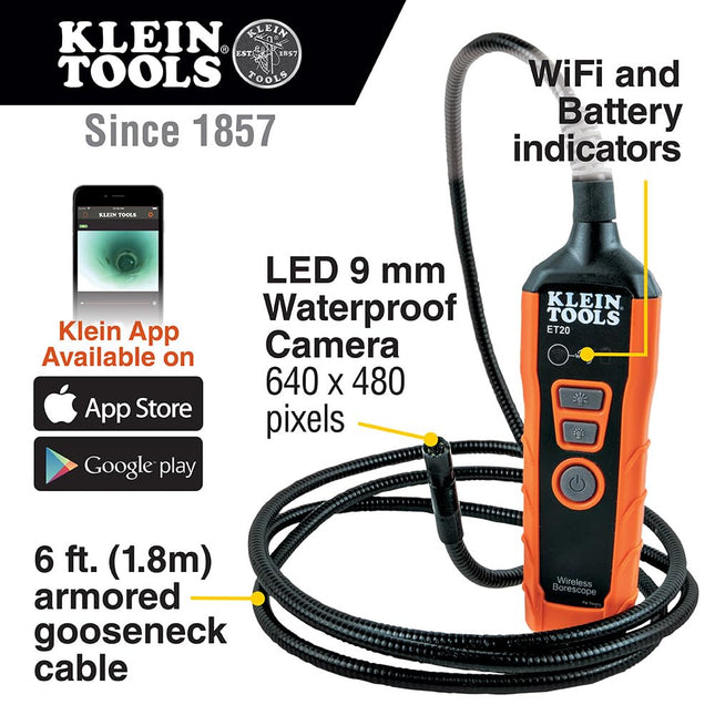 WiFi Borescope Inspection Camera with Rechargeable Lithium-Ion Battery and On-Board LED Lights Klein Tools ET20