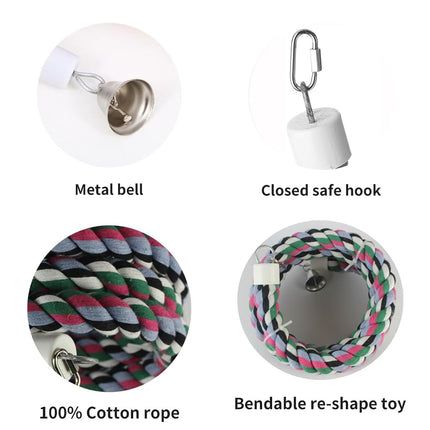 240cm Length Colorful Cotton Bendable Rope Perch Swing Bird Chew Toys Amazon Parrots Cage Toys with Bell Swing Climbing Standing Bungee Bird Toys for Regular to Big Size Birds