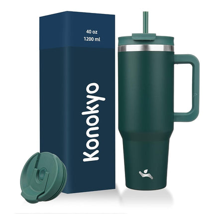Konokyo Gobelet de 40 oz avec poignée et 2 pailles, bouteille d'eau isolée avec couvercle 2 en 1, tasse de voyage en acier inoxydable, vert foncé