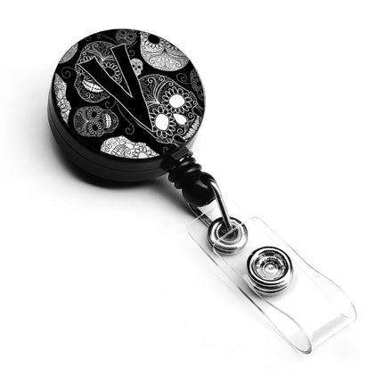 Caroline's Treasures Letter V Day of The Dead Skulls Black Retractable Badge Reel, Multicolor (CJ2008-VBR)