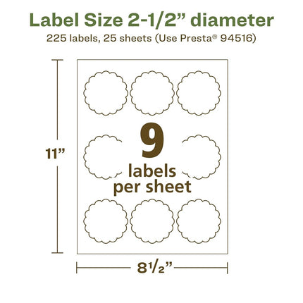 Avery EcoFriendly Matte White Recycled Round Scalloped Labels, 2.5" Diameter, Print-to-The-Edge, Matte White Labels, Permanent Adhesive, Laser/Inkjet Printable, 225 Total