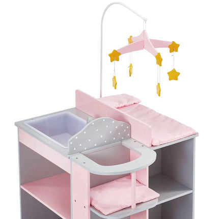 Olivia's Little World 6-in-1 Wooden Baby Doll Changing Station with Crib, Changing Table, High Chair, Double-Door Closet, Sink and Washing Machine, Multicoloured