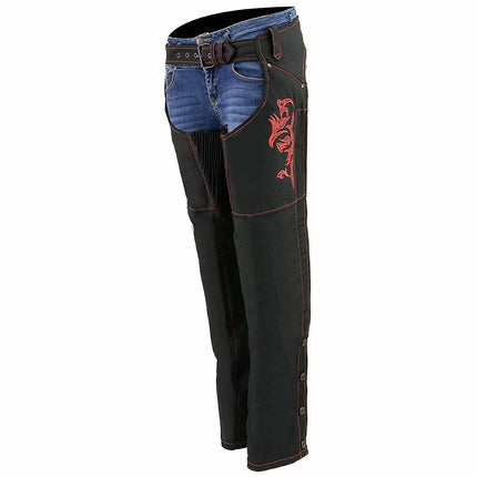 Milwaukee Leather SH1182 Women's Black with Red Textile Motorcycle Riding Chaps with Tribal Embroidery - 2X-Small