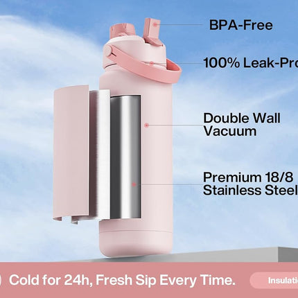 POWCAN 946 ml Insulated Water Bottle, 2-in-1 Straw & Spout Lid, Leakproof, BPA-Free, Double Wall Stainless Steel, Keeps Cold 24H, for Sports, Gym & Travel (Cotton Candy)