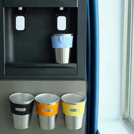 Rich&Ray Reusable Magnetic Fridge Cups 12 oz, 4 Pack Hanging on Fridge Magnetic Hanging Cup, Stainless Steel Cups with Silicone Cup Holder for Fridges or Water Coolers