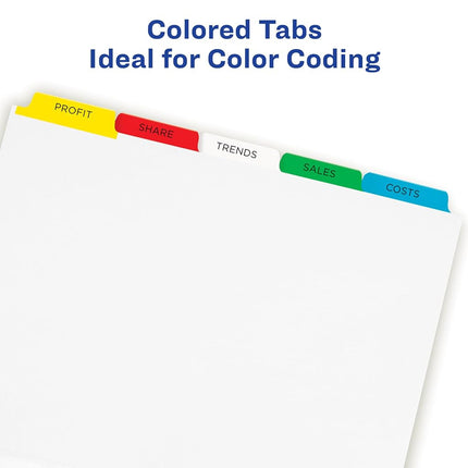 Avery 5 Tab Dividers for 3 Ring Binder, Easy Print & Apply Clear Label Strip, Index Maker Customizable Multicolor Tabs, 25 Sets (11423)