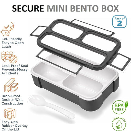Snack Containers for Adults or Kids - MINI Bento Lunch Box | Small Leakproof Container Set for Toddlers Boys Girls, Bento-Boxes for School Daycare Travel Lunches Snacks | BPA Free | Grey Black 2 Pack