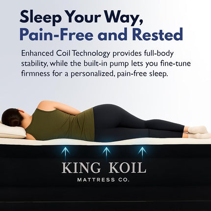 King Koil Luxury Pillow Top Plush Queen Air Mattress with High-Speed Built-in Pump, Blow Up Bed Top Side Flocking, Puncture Resistant, 16" Double High Inflatable Airbed Guests & Travel 1-Year Warranty