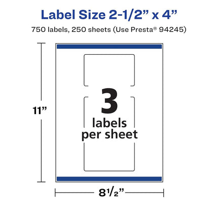 Avery Matte White Rectangle Labels with Sure Feed, 2.5" x 4", 750 Matte White Printable Labels