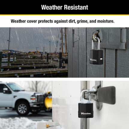 Master Lock Outdoor Key Lock, Heavy Duty Weatherproof Padlock with Cover, Keyed Alike Padlocks for Outdoor Use, 3 Pack, M115XTRILF
