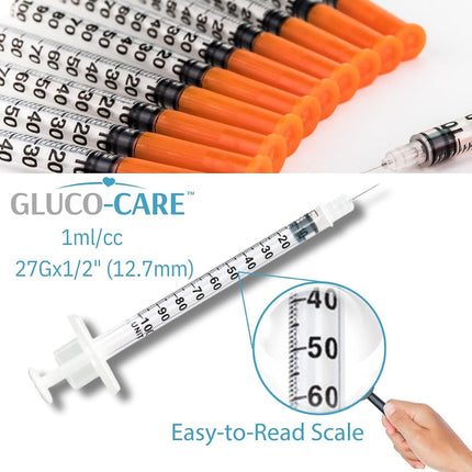 GLUCO-CARE 1 ml/cc Syringes 27G x 1/2’’ (12.7mm), Orange Cap, 100/box