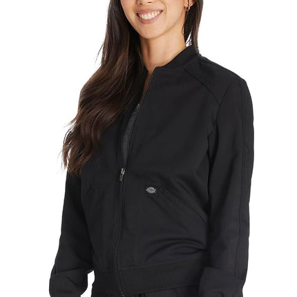 Dickies Women Scrub Jacket Zip Front Warm-Up Rib Knit Collar with 2 Welt Pocket DK365, Black, Medium