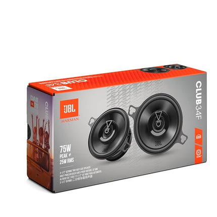 JBL Club 34F - 3-1/2" (87mm) Two-Way Car Speaker, 75 Watts Peak, 25 Watts RMS, Sensitivity (@ 2.83V): 89dB, Frequency Response: 90Hz – 20kHz, Nominal Impedance: 3.0 ohms