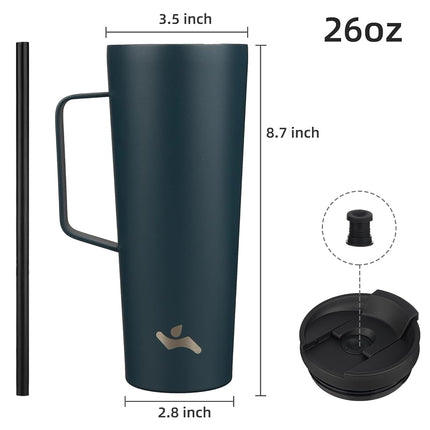 Konokyo Insulated Tumbler with Handle and Straw, 26 OZ Travel Coffee Mug Stainless Steel Cup Metal Water Bottle,Navy Blue