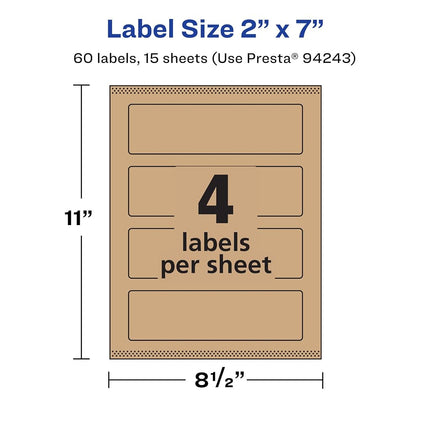 Avery Kraft Brown Rectangle Labels with Sure Feed, 2" x 7", 60 Kraft Brown Labels, Print-to-The-Edge, Laser/Inkjet Printable Labels