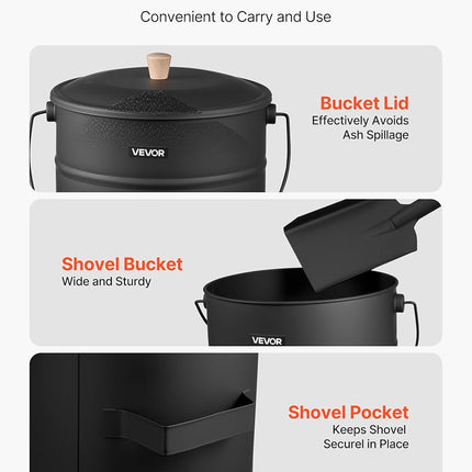 VEVOR Ash Bucket, 4 PCS with Lid, Shovel, Broom and Gloves, Metal Fireplace Charcoal Bucket and Ash Can, 15L Large Capacity for Fireplace, Fire Pits, Wood Burning Stoves, Indoor and Outdoor