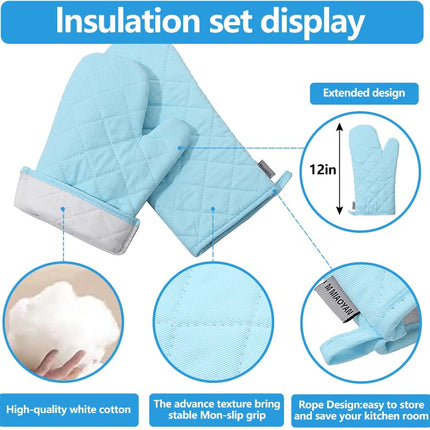 M MIAOYAN Oven Mitts and Pot Holders 4 pcs Set,High Heat Resistant 500 Degree Extra Thicken Long Kitchen Cotton Oven Glove for Cooking (12 Inch,Light Blue)