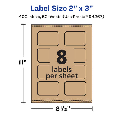 Avery Kraft Brown Rectangle Scalloped Labels with Sure Feed, 2" x 3", 400 Kraft Brown Labels, Print-to-The-Edge, Laser/Inkjet Printable Labels