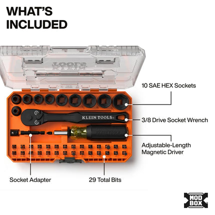 Klein Tools 33806 Proflex 43 Piece Impact Cap Set with Modular Housing, 29 Bit and 10 SAE Socket Sizes, S2 Steel, Magnetic Adjustable Screwdriver