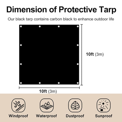 UCINNOVATE Black Plastic Tarp 10ft×10ft Waterproof Tarpaulin, 14 mil Cover Sheet with Grommets for Truck, Cargo, Pool, Storage Shed, Frame, Emergency Roof, Hay-Pile (UC-3300520), Black,Black Our