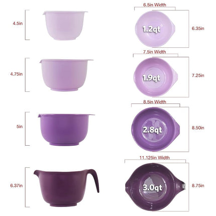 Glad Mixing Bowls with Pour Spout, Set of 4 - Nesting Plastic Bowls (1.2qt, 1.9qt, 2.8qt, and 3qt with Handle) - Non Slip Base, Dishwasher Safe Kitchen Cooking and Baking Supplies, Purple