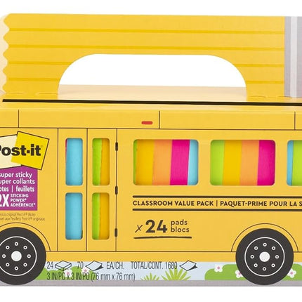 Post-it Super Sticky Notes Value Pack, 24 Pads in School Bus Case, 3x3 in, Bright Colors, Recyclable