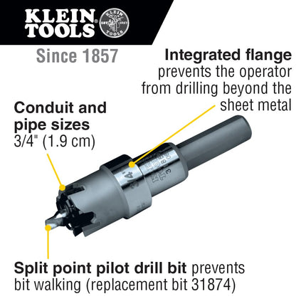 Klein Tools 31850 3/4-Inch Carbide Hole Cutter, Cuts up to 3/16-Inch Thick Sheets in Stainless Steel, Mild Steel, Iron, Copper and Brass