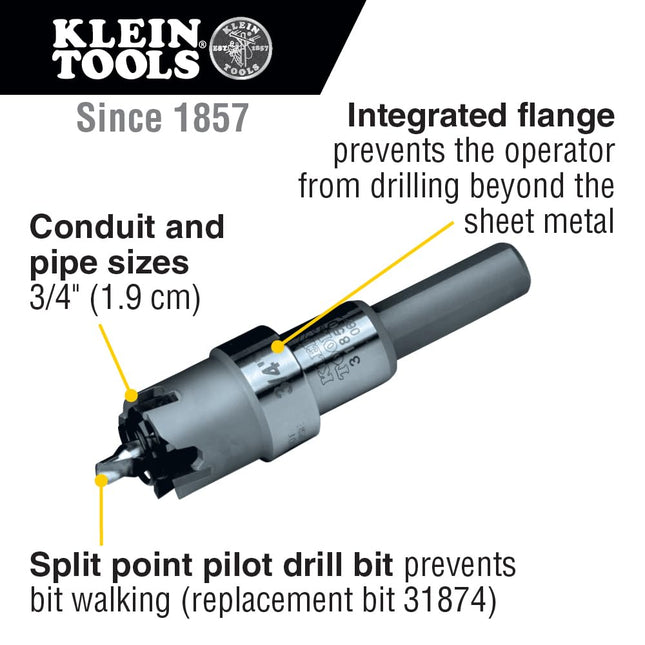 Klein Tools 31850 3/4-Inch Carbide Hole Cutter, Cuts up to 3/16-Inch Thick Sheets in Stainless Steel, Mild Steel, Iron, Copper and Brass
