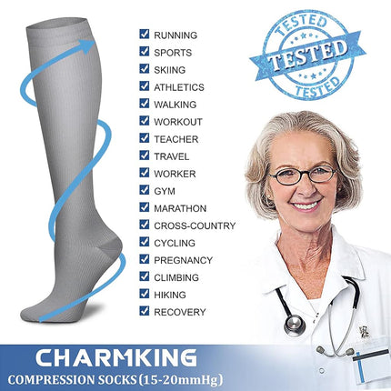 CHARMKING Compression Socks for Women & Men (8 Pairs) 15-20 mmHg Graduated Copper Support Calf Socks are Best for Pregnant, Nurses - Boost Performance, Circulation, Knee High Wide Calf(S/M, Multi 44)