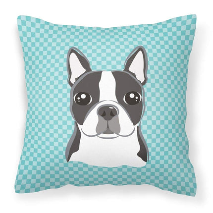 Caroline's Treasures BB1141PW1818 Checkerboard Blue Boston Terrier Canvas Fabric Decorative Pillow, 18H x18W, multicolor