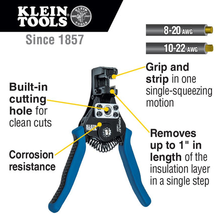 Klein Tools 11063W Wire Cutter/Wire Stripper, Heavy Duty Automatic Wire Stripper Tool for 8-20 AWG Solid and 10-22 AWG Stranded Electrical Wire