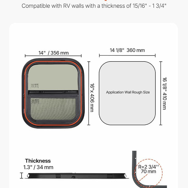 VEVOR Vertical RV Window, 12" W x 24" H Tinted Sliding with Net Screen & Trim Ring, Fit 15/16" - 1 3/4" Thickness Wall, RV Window Replacement for Teardrop Cargo Trailer Camper, DOT Approved
