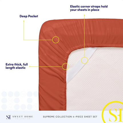 Parures de draps taille complète – Draps luxueux et respirants avec élastique intégral et sangles d'angle sécurisées intégrées – Collection suprême 1800, parure de lit extra douce à poches profondes, parure de draps, taille complète, rouille