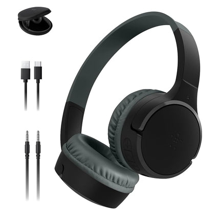 Belkin SoundForm Mini Kids Wireless Headphones w/Built-in Microphone, 30H of Playback Time, Fun Stickers, & Case - Over-Ear Headsets for Online Learning, School, iPhone, iPad, Galaxy, & More - Black