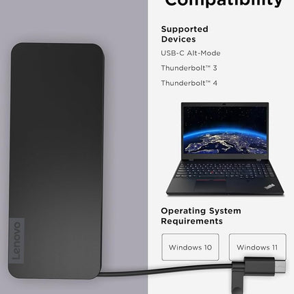 Lenovo USB-C Slim Travel Dock, 8 Ports, Up to 65W PD Pass Through, Integrated USB-C Cable, 4K Display Support, Black