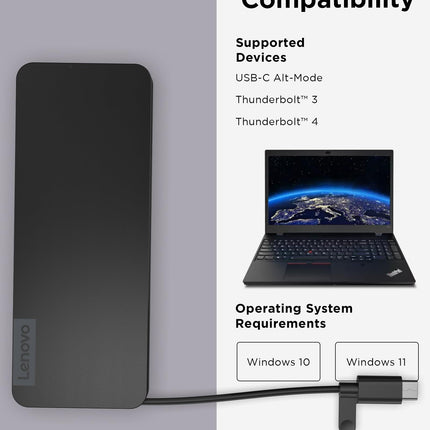 Base de conexión de viaje delgada USB-C de Lenovo, 8 puertos, hasta 65W PD Pass Through, cable USB-C integrado, soporte de pantalla 4K, color negro