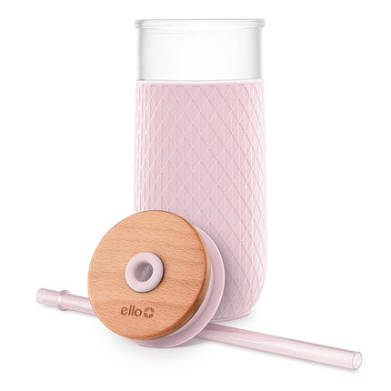 Ello Devon Glass Tumbler with Splash Proof Wooden Lid and Straw, Protective No Sweat Silicone Sleeve, Perfect for Smoothies and Iced Coffee, BPA Free, Dishwasher Safe, Pink Satin, 18oz