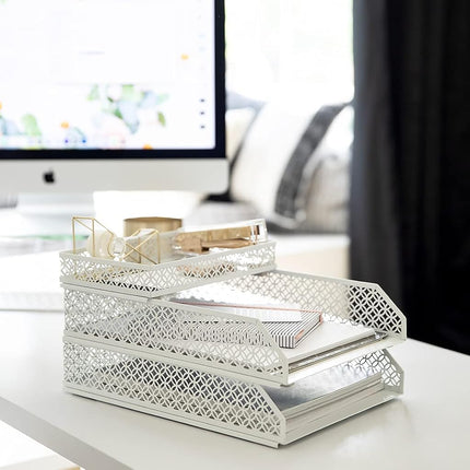 BLU MONACO White Desk Organizer Set for Women – 6-Piece Interlocking Office Supplies Set, Pen Cup, 3 Accessory Trays & 2 Letter Trays, White Paper Tray Holder
