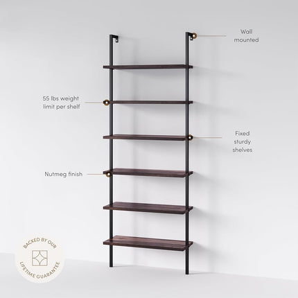 Nathan James 65601 Theo 6-Shelf Tall Bookcase, Wall Mount Bookshelf with Natural Wood Finish and Industrial Metal Frame, Nutmeg/Matte Black