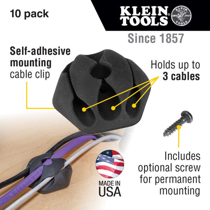 Cable Clips, Self-Adhesive 3-Slot Cable, Cord Management Mounting Clips, Optional Screw for Permanent Mounting, 10-Pack Klein Tools 450-410