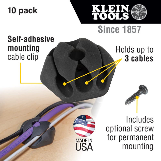 Cable Clips, Self-Adhesive 3-Slot Cable, Cord Management Mounting Clips, Optional Screw for Permanent Mounting, 10-Pack Klein Tools 450-410