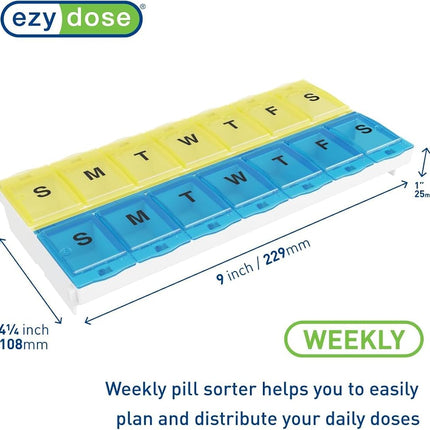 EZY DOSE Pill Organizer Weekly AM/PM (7-Day), Medicine Planner, Vitamin Case/Box, 2X-Large Locking Compartments to Secure Prescription and Prevent Accidental Spilling, Blue and Yellow, BPA Free