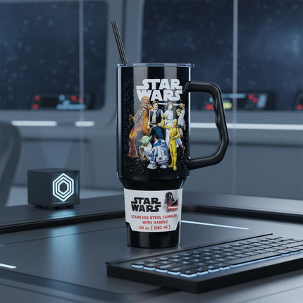 Silver Buffalo Star Wars Stainless Steel Tumbler with Handle and Straw - Chewbacca Yoda R2-D2 C-3PO Princess Leia Han Solo Luke Skywalker Fits in Standard Cup Holders 40oz