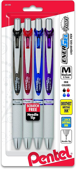 Pentel Energel Pearl Retractable Liquid Gel Pen .7Mm 4/Pkg-Black, Red, Blue & Violet Inks