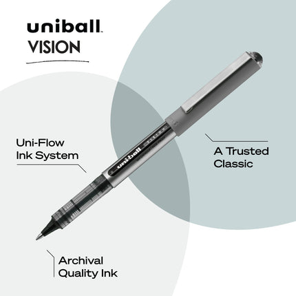 Stylos Roller Uniball Vision - Noir, Lot de 4 - Pointe Fine, Encre Moyenne 0,7 mm - Stylos Japonais à Écriture Fluide pour Fournitures Scolaires