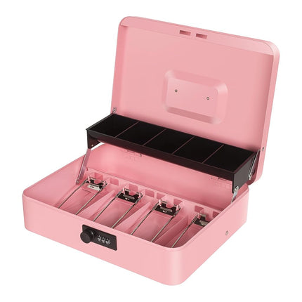 Cash Box with Money Tray and Combination Lock, Metal Money Box for Cash Register, Tiered Lock Box for Money 11.8" x 9.4" x 3.54" Pink