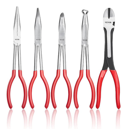 VEVOR Lot de 5 pinces à bec long de 28 cm, pinces coupantes diagonales, pinces à bec coudé 45°/90°, pinces à bec rond, pinces à bec long, jeu de pinces professionnelles avec sac de rangement