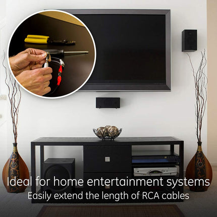Adaptador de acoplador RCA GE, paquete de 2, conectores hembra a hembra, extiende la longitud y el alcance de los cables RCA, barril extensor de cable de audio y video, 33617